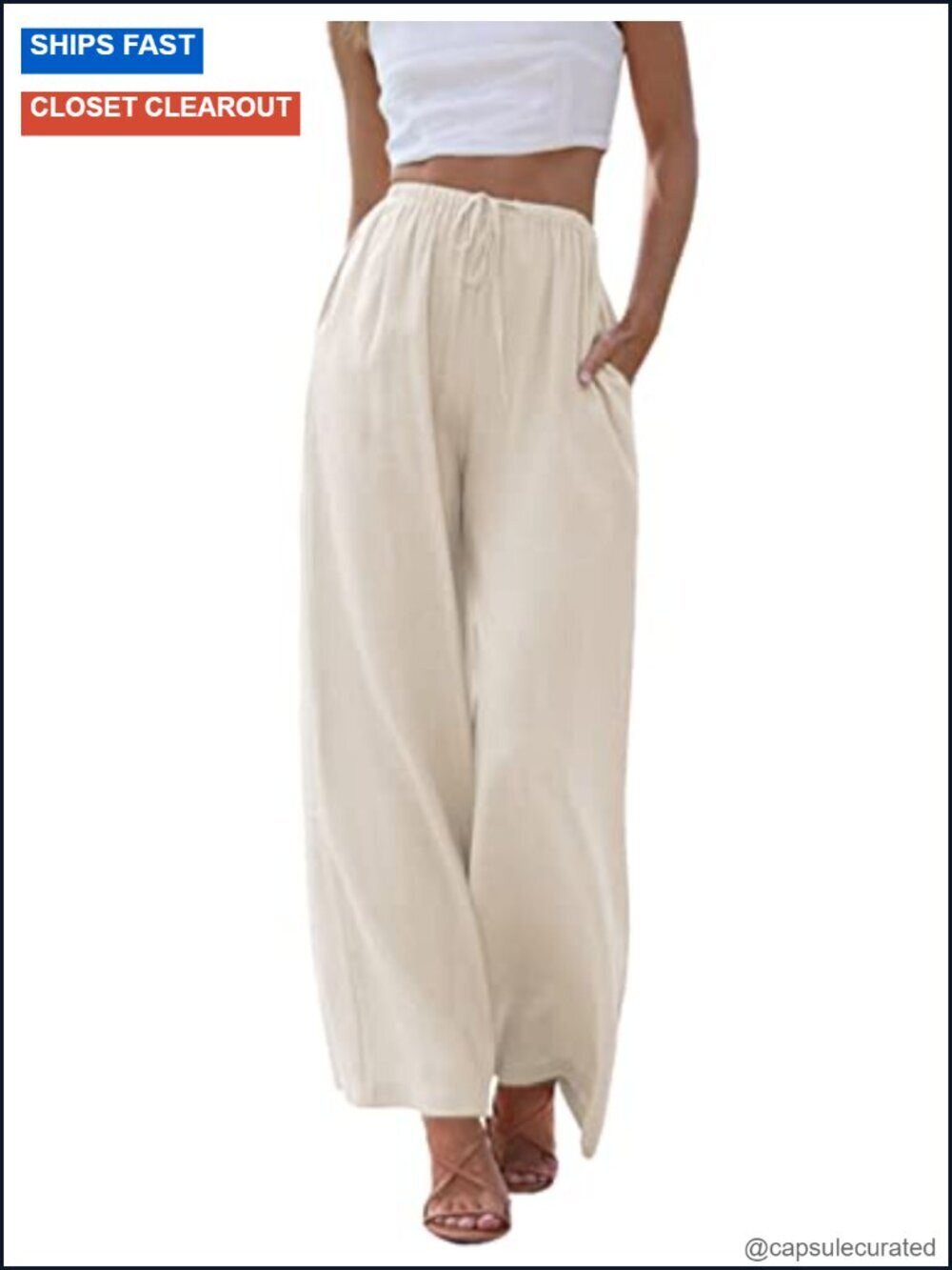 Wide Leg High Waist Cotton Linen Pants Drawstring Pocket Summer Beach